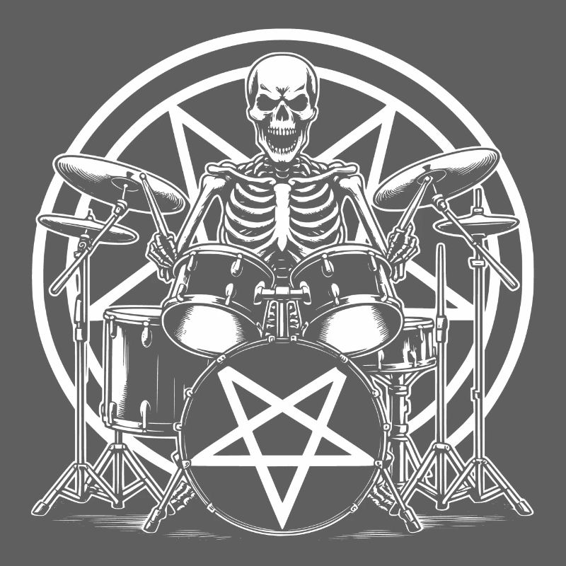 Drummer Skull skeleton on the drum set