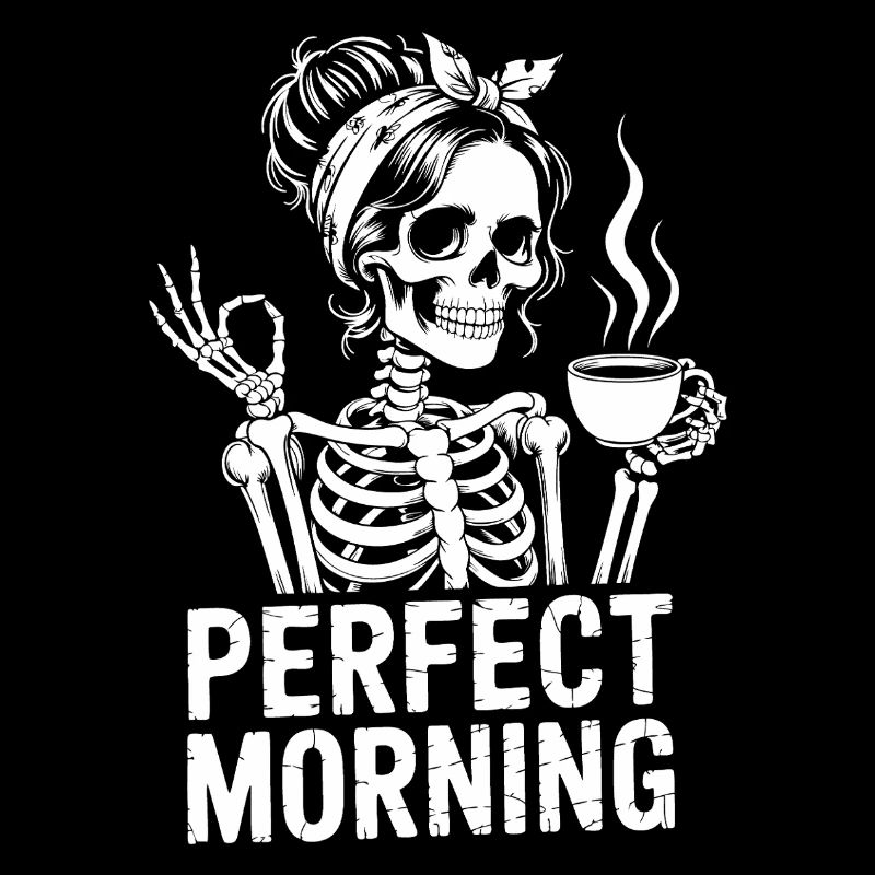 Perfekter Morgen mit Kaffee Skelett mit Kaffeepot