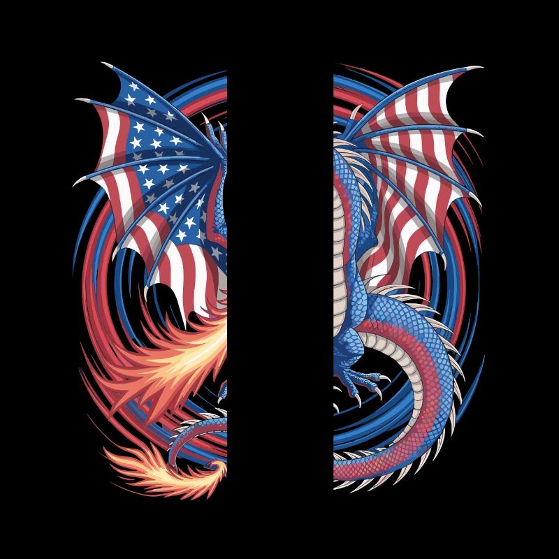 Dragon américain avec drapeau, ailes et feu