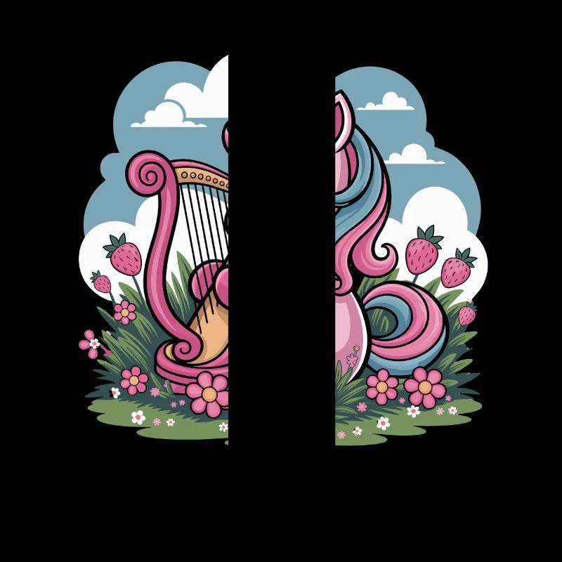 Licorne avec harpe et fraises dans le champ de fleurs
