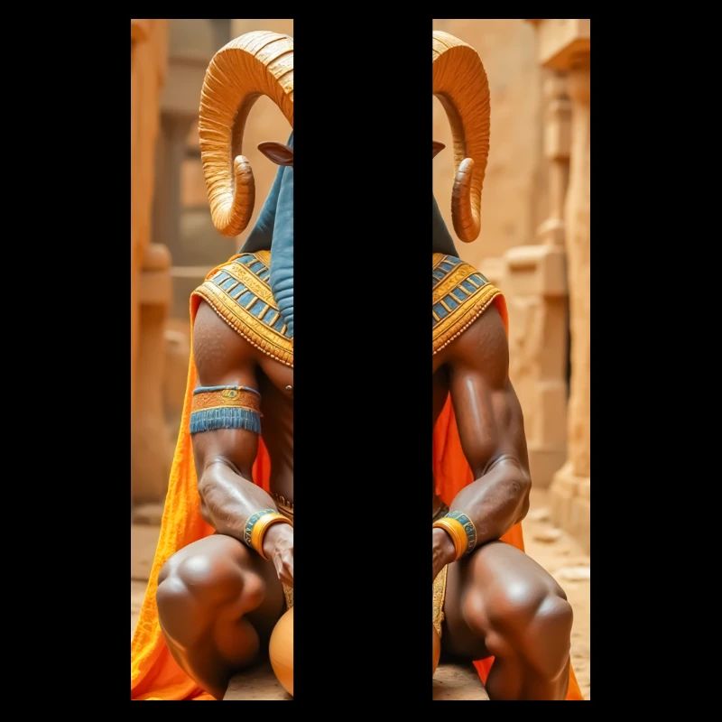 Khnum, widderköpfiger Gott, der einen Menschen aus Lehm formt.