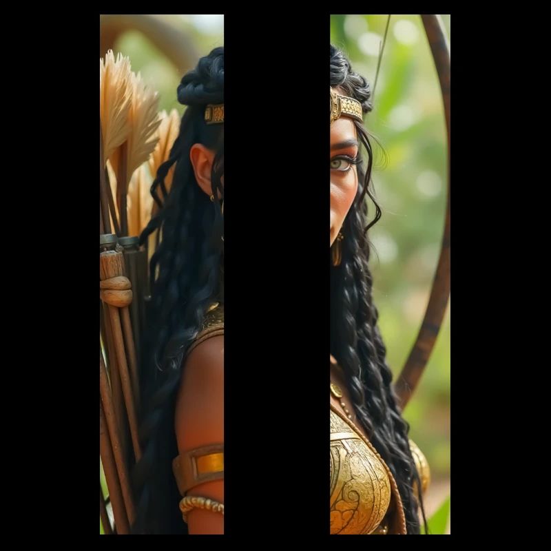 Neith, gepanzerte Kriegergöttin, hält einen Bogen in der Hand