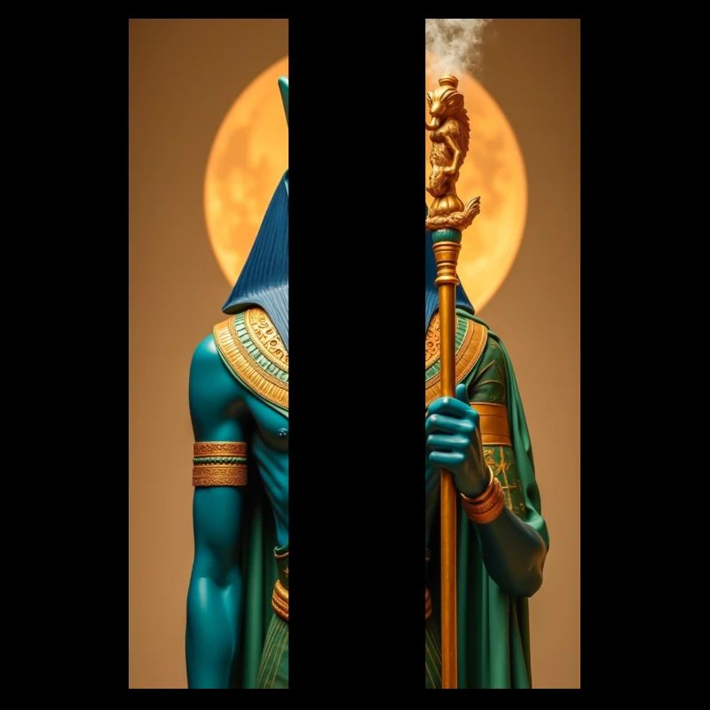 Ptah, blue-skinned god, holding a scepter, glowing