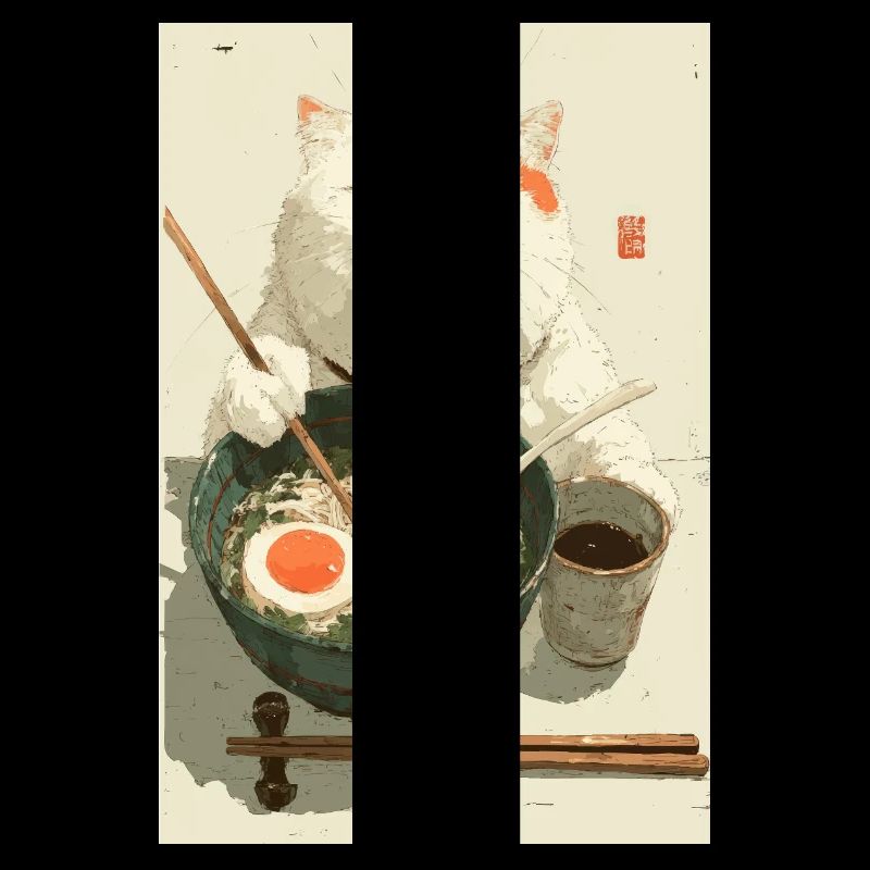Chat blanc heureux mangeant des ramen