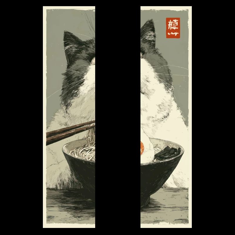 Chat fixant un bol de ramen
