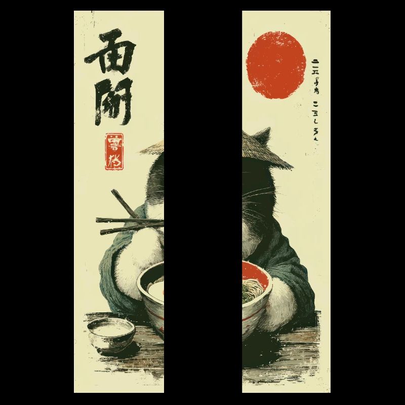 Chat samouraï dégustant des ramen