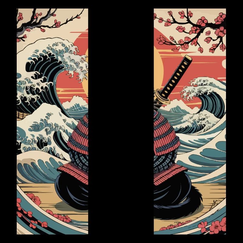 Chat samouraï avec coucher de soleil et vagues – Jap