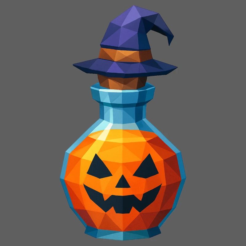 Low poly pumpkin in a witch vial