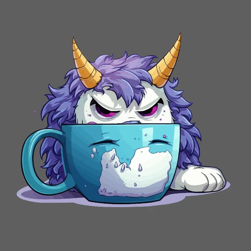 Grumpy monster in a coffee mug