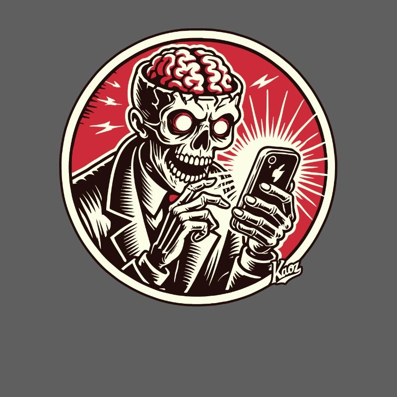 Zombie skeleton while doomscrolling on smartphone