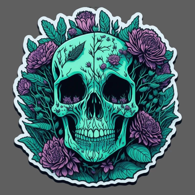 Crâne avec des fleurs violettes