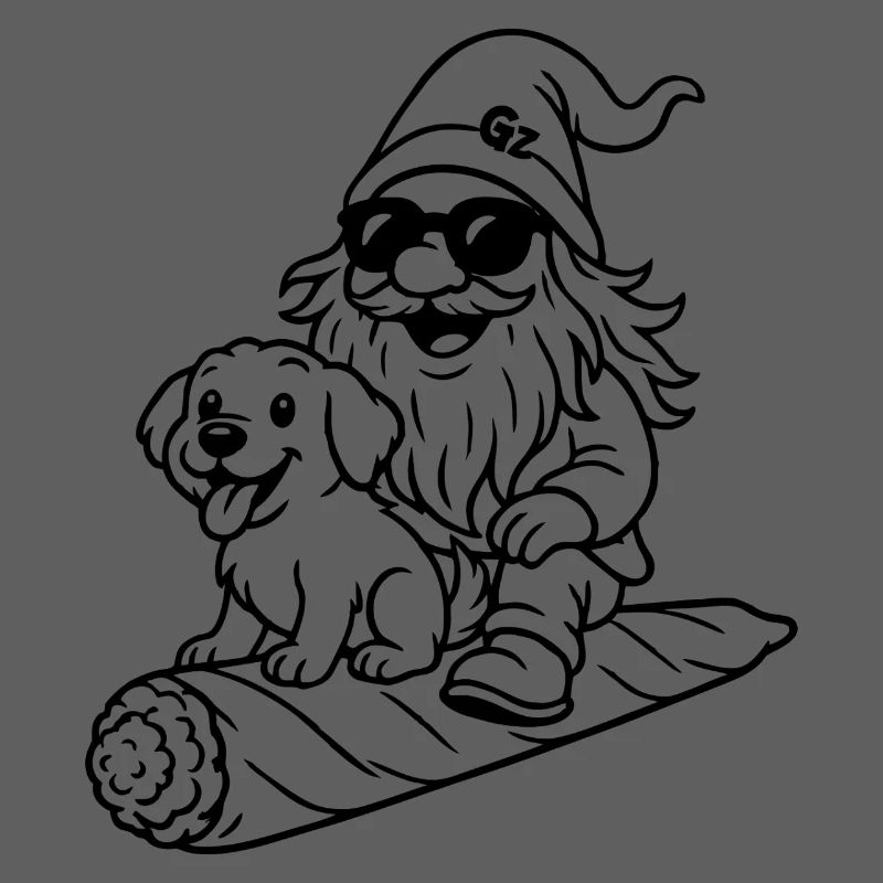 Cooler Zwerg auf fliegendem Joint mit Hund