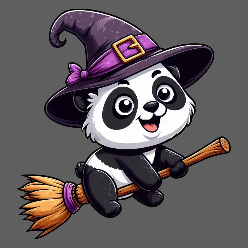 Halloween Panda Witch with Witch's Broom Comic Cute