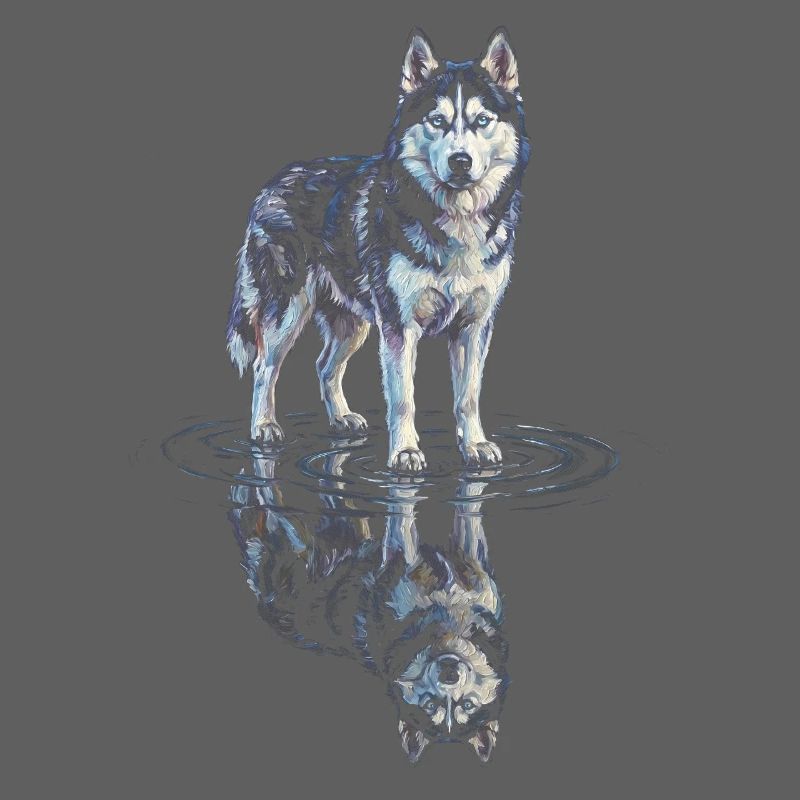 Siberian husky with water reflection