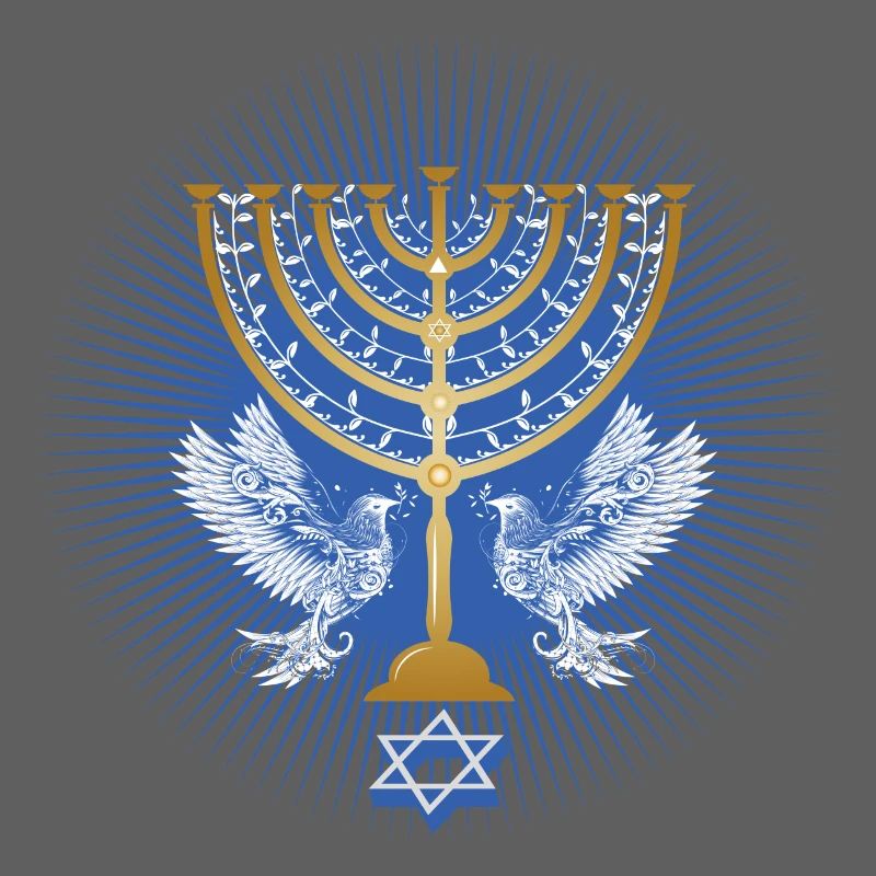 gold-colored Hanukkah candlestick with white doves