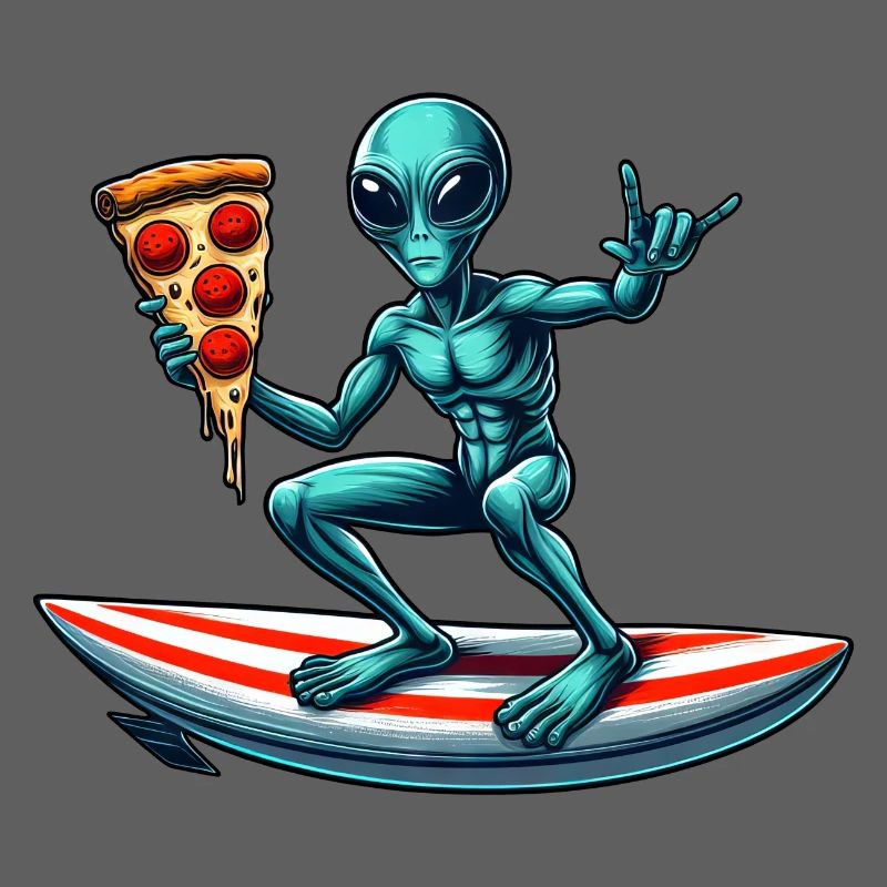 Surfeur extraterrestre avec pizza sur planche de surf