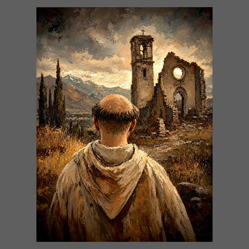 Moine devant les ruines au coucher du soleil