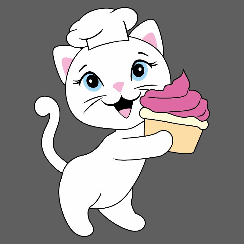 Cute white cat carries a cupcake