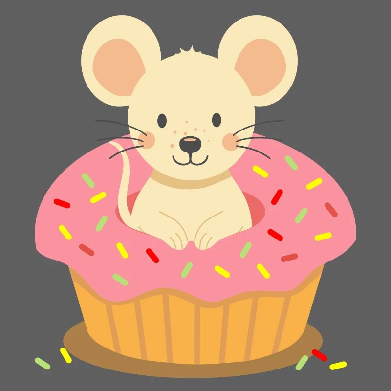 Mouse sitting in a pink cupcake with sprinkles