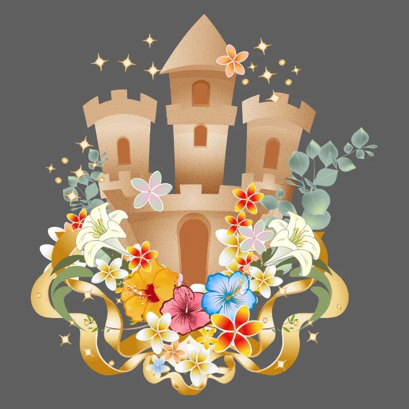 Château de sable avec des fleurs exotiques sur la plage