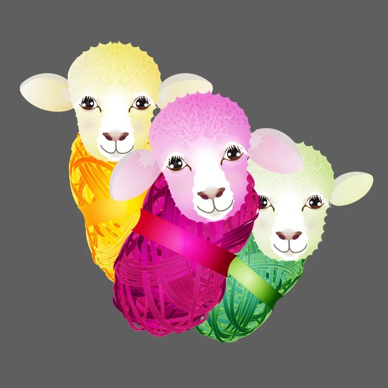 three colourful sheep with colour-coordinated wool