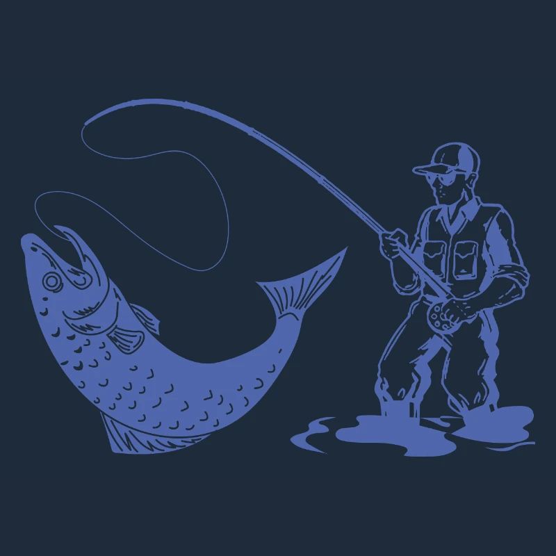 Silhouette de pêcheur avec canne à pêche et truite