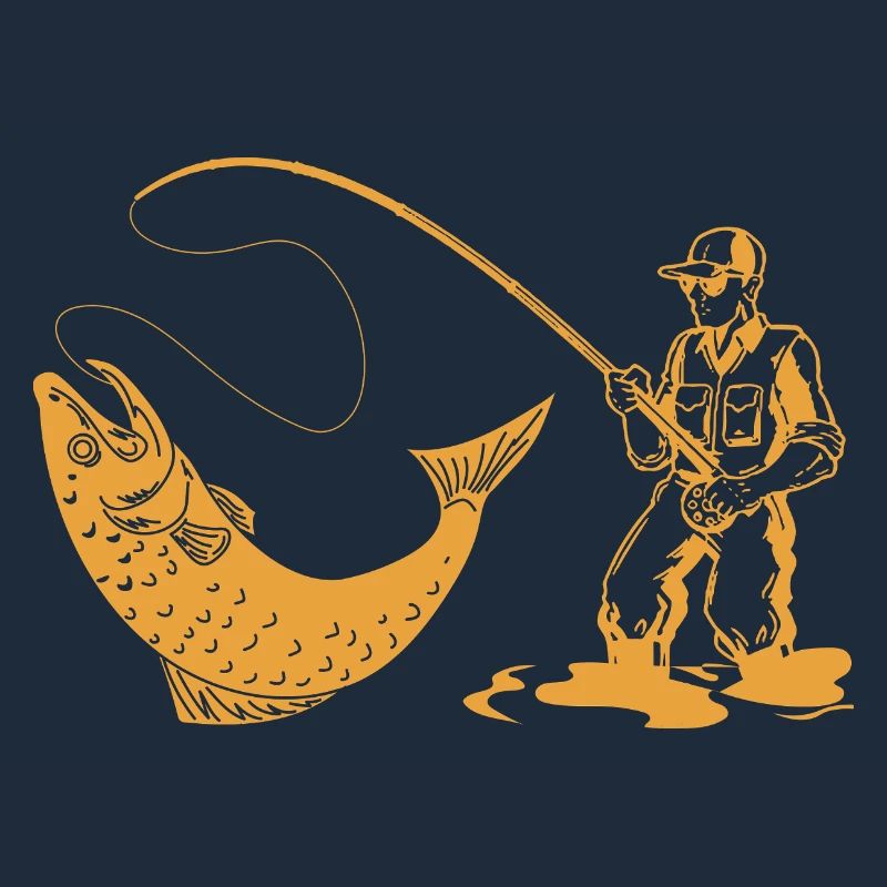 Silhouette de pêcheur avec canne à pêche et truite