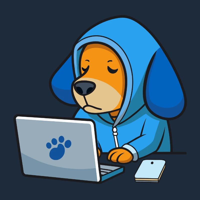 Un chien hacker mignon dort dans un sweat à capuche devant le PC