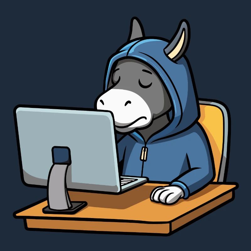 Un mignon âne hacker dort dans un sweat à capuche devant le PC