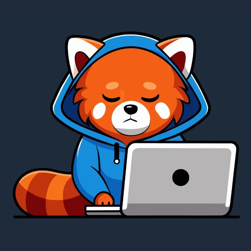 Mignon hacker panda roux en sweat à capuche devant PC