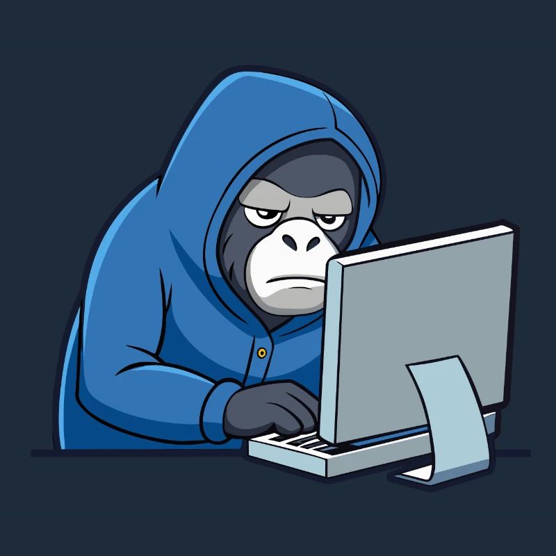 Mignon gorille hacker en sweat à capuche devant le PC