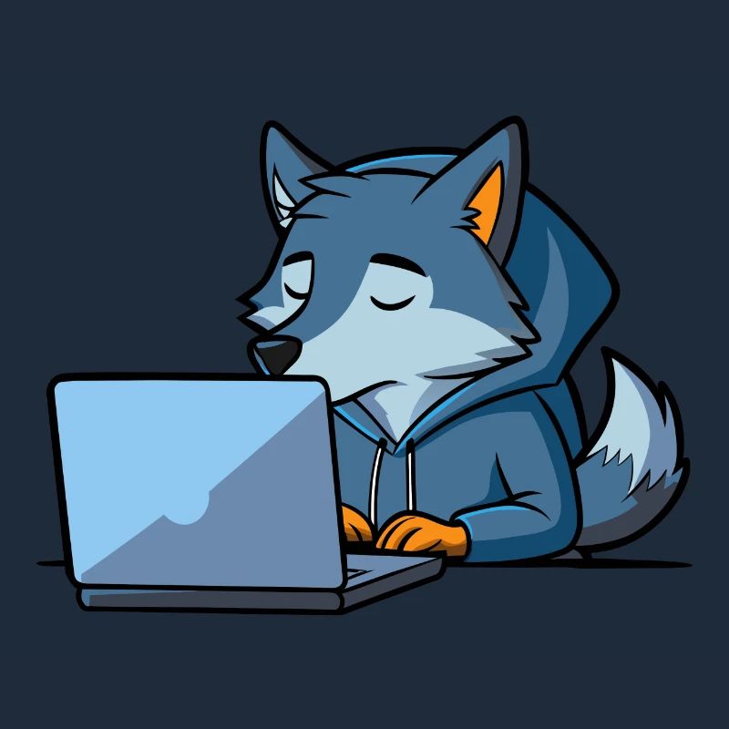 Un mignon loup hacker dort dans un sweat à capuche devant le PC