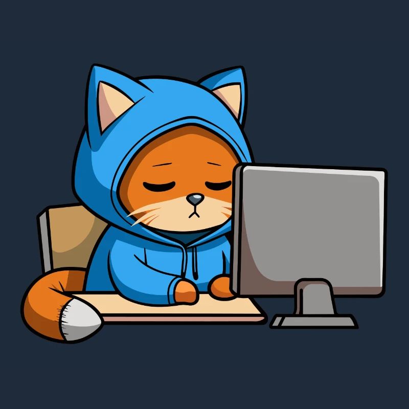 Un chat hacker mignon dort dans un sweat à capuche devant le PC