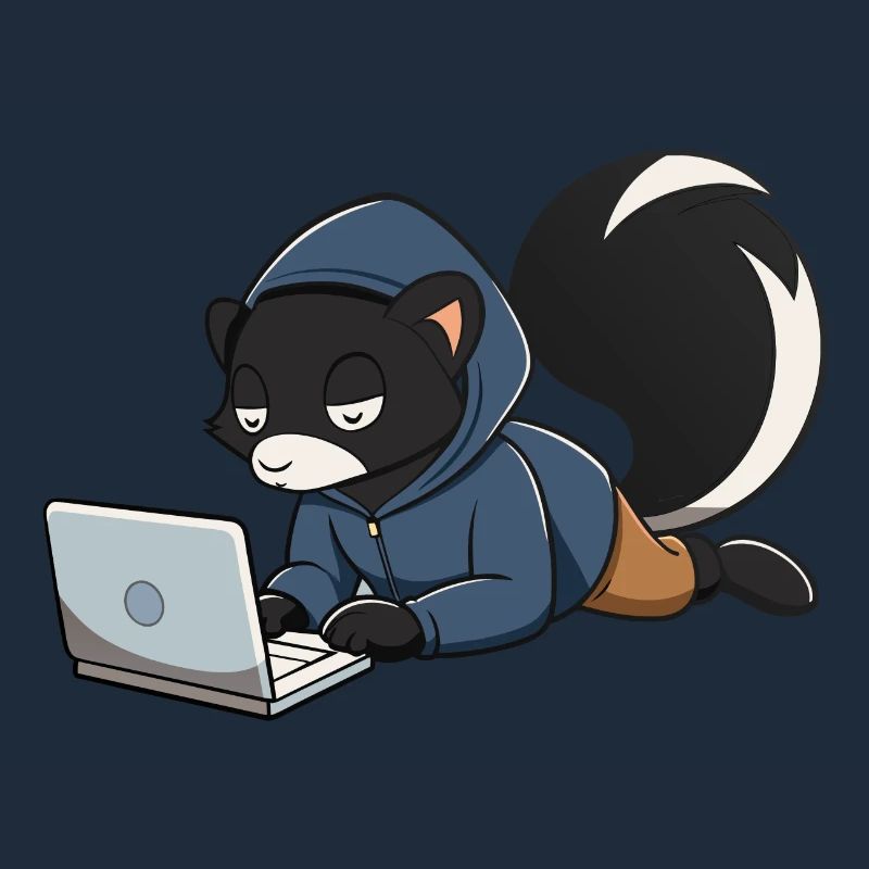 Mignonne mouffette hacker en sweat à capuche devant le PC