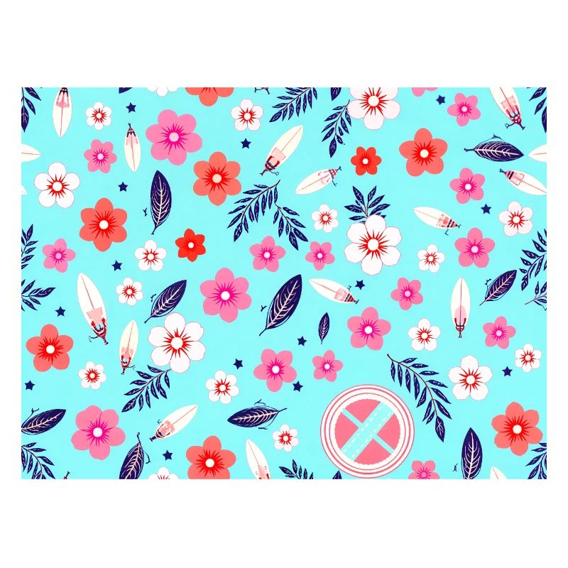 Floral pattern with surfboards on sky blue
