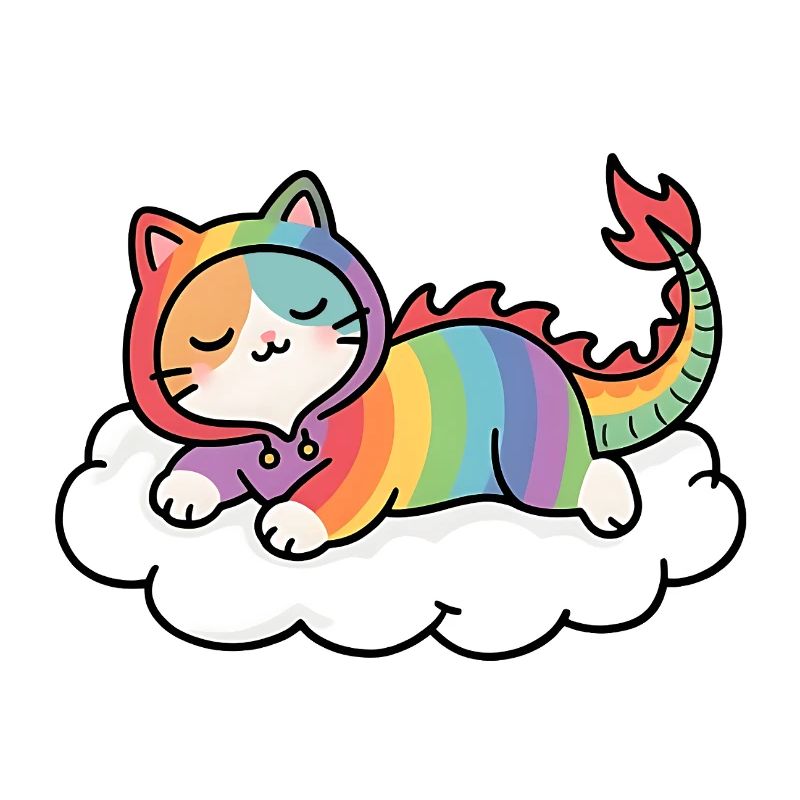 Relaxed rainbow dragon cat on cloud