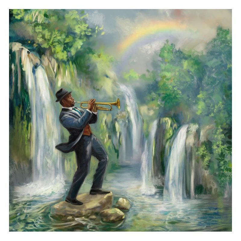 Trompettiste de jazz devant les cascades dans la jungle