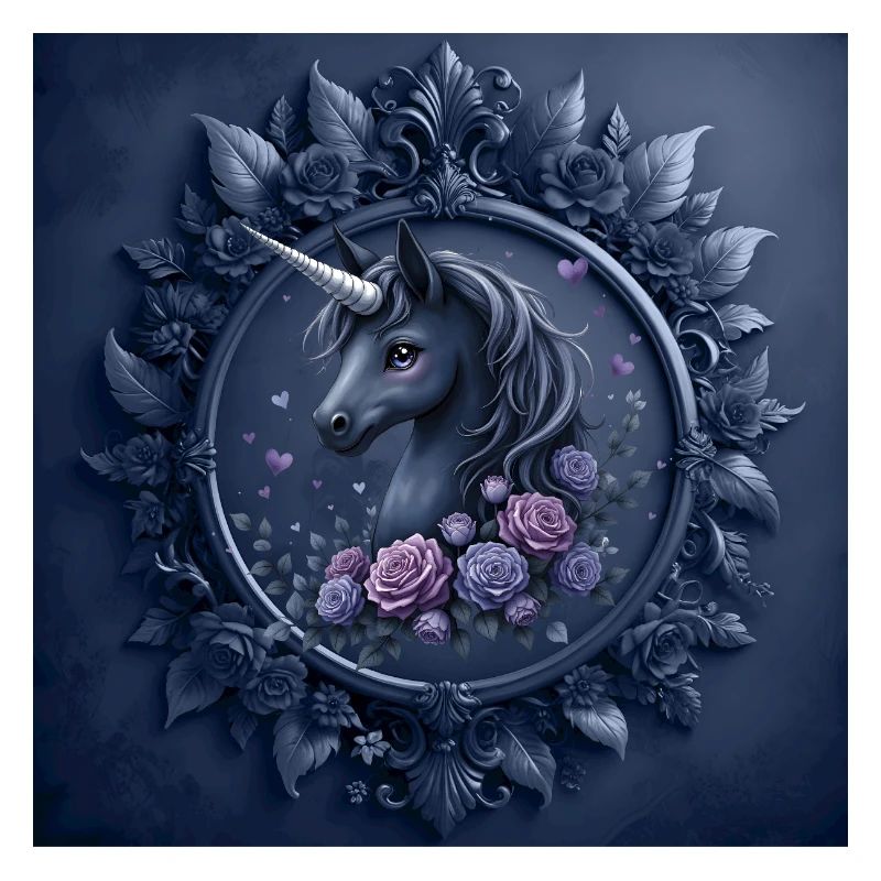Licorne avec des fleurs dans les tons bleus