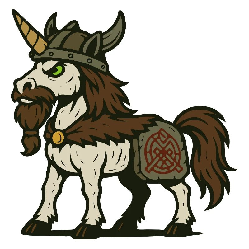 Wikinger-Krieger-Einhorn mit Bart und nordischem Zeichen