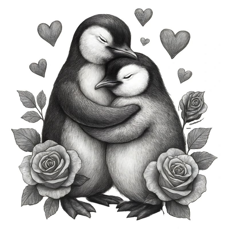 Hugging penguins with roses