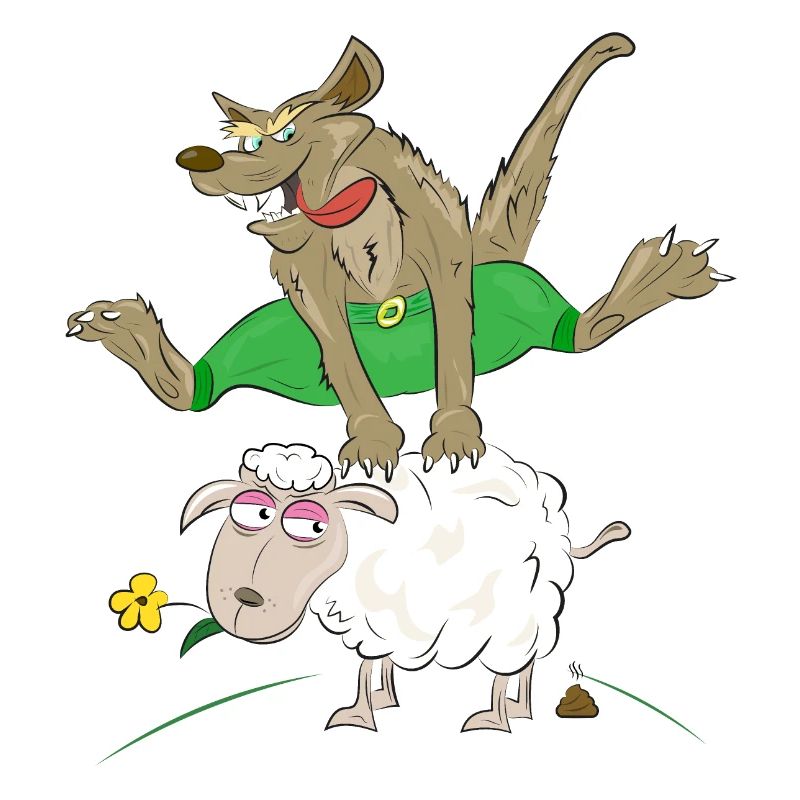 Wolf springt über das Schaf - Wolf mit Schaf