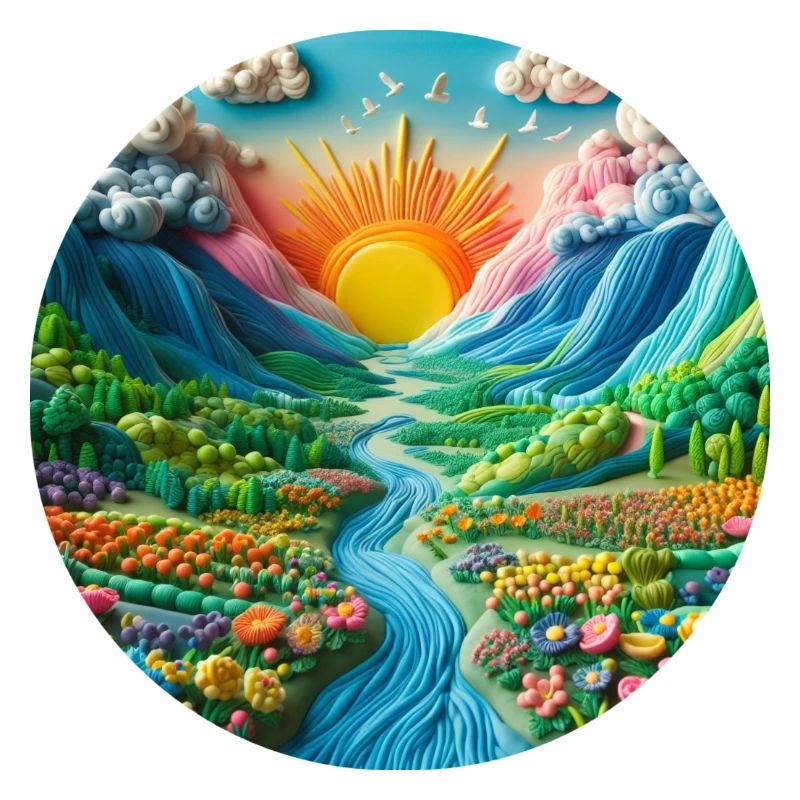 Landschaft bunt mit Sonne Berge und See aus Knete