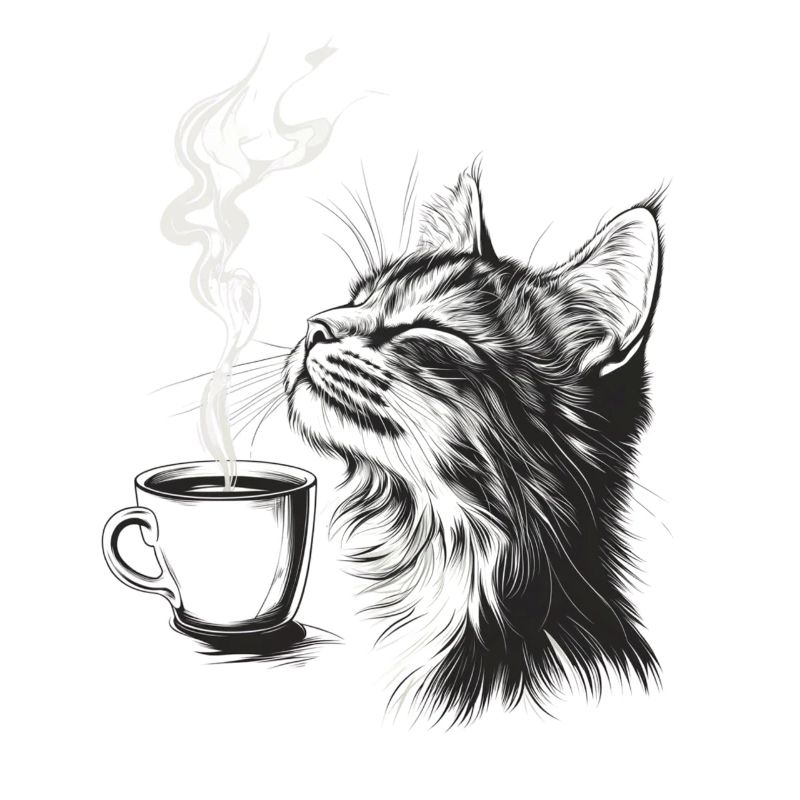 Relaxed Cat with Coffee - Sketch Style