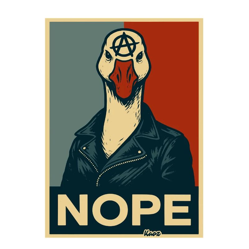 Goose with leather jacket says no