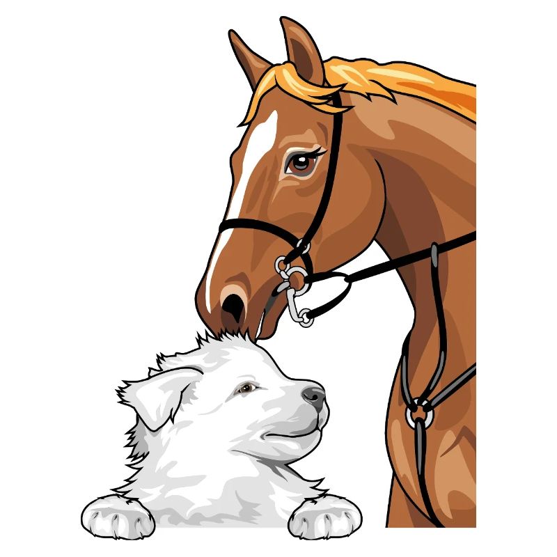 Weißer Schweizer Schäferhund und rotes Pferd