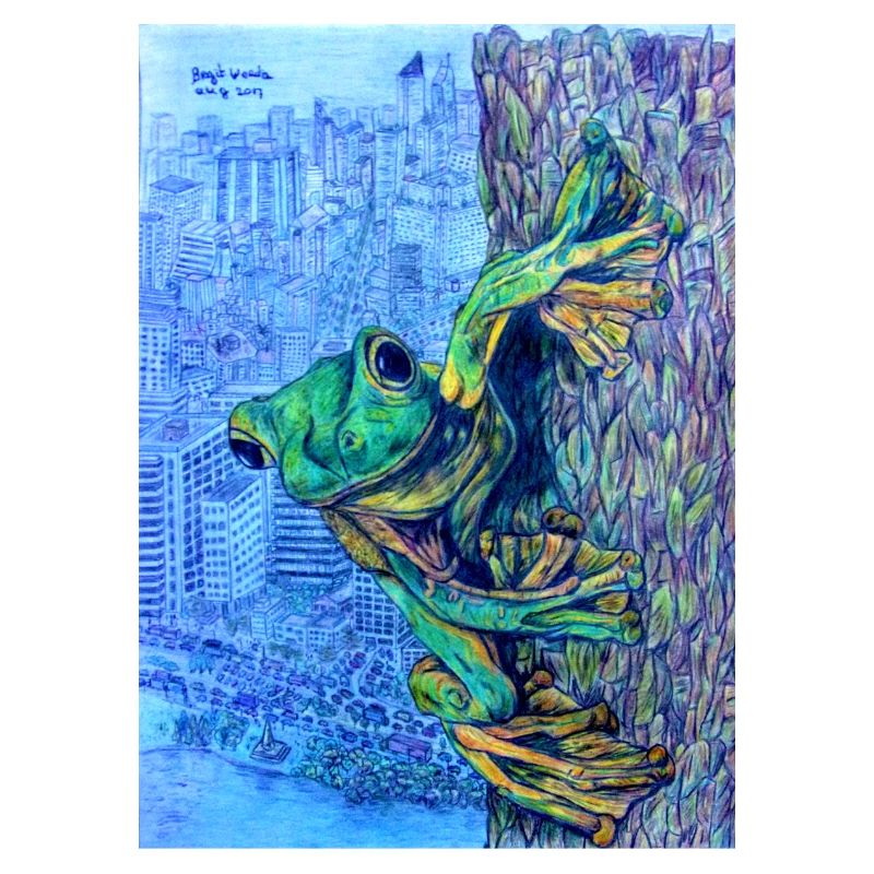 Frog on tree with city view