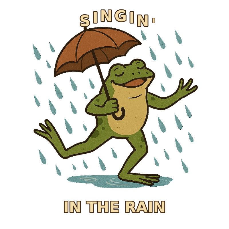 Frog Toad singing in the rain with an umbrella