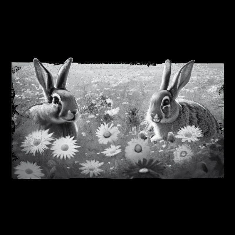 Lapins sur prairie fleurie GRIS avec bord effiloché