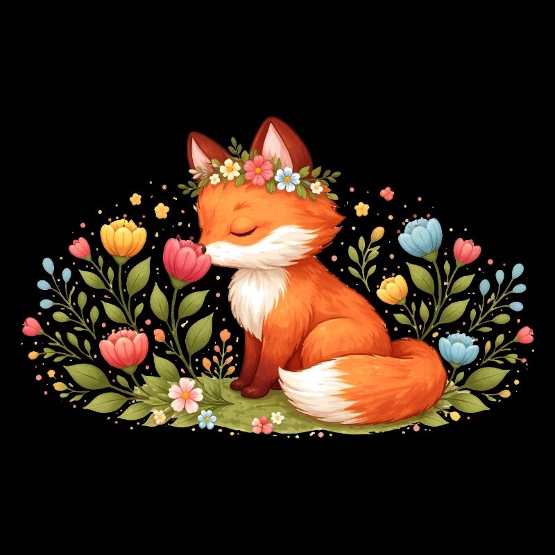Cute spring fox with flower wreath