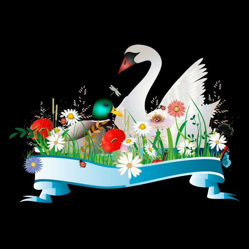 Cygne et canard dans le lac avec une rive printanière